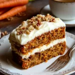 Slice of best carrot cake recipe with cream cheese frosting and chopped nuts on a white plate