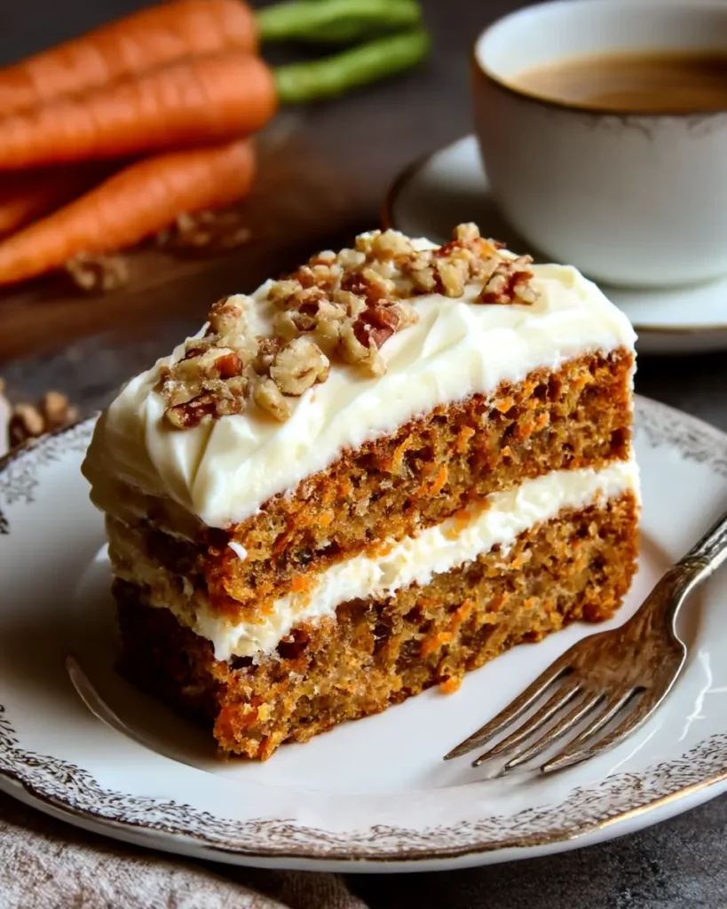 Slice of best carrot cake recipe with cream cheese frosting and chopped nuts on a white plate