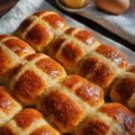 classic hot cross buns with glossy tops on baking paper