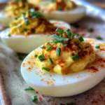 Deviled egg flight with paprika and fresh herbs on a serving platter