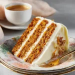 Slice of homemade carrot cake with cream cheese frosting on a floral plate beside a cup of coffee