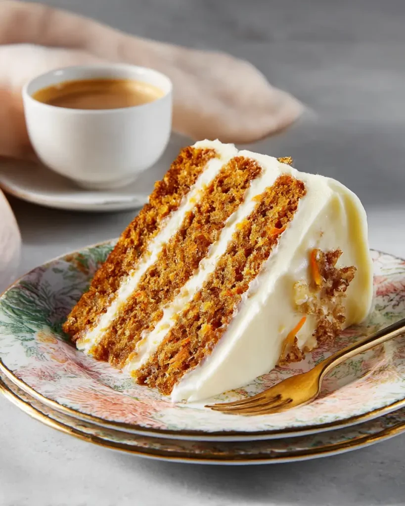 Slice of homemade carrot cake with cream cheese frosting on a floral plate beside a cup of coffee
