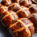 glossy homemade hot cross buns baked close together on a tray