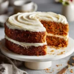 Moist carrot cake recipe with cream cheese frosting on a white cake stand