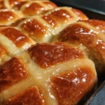 soft hot cross buns with glossy tops baked in a pan