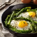 asparagus and eggs cooked in skillet with runny yolks