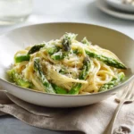creamy asparagus and pasta with parmesan in white bowl