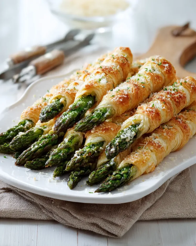 asparagus appetizers wrapped in puff pastry with golden crispy edges