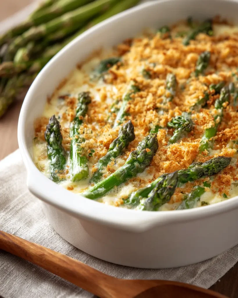 creamy asparagus casserole with golden crispy topping in baking dish