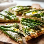 asparagus flatbread with cheese on crispy crust