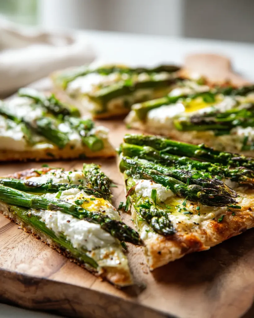 asparagus flatbread with cheese on crispy crust