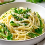 Creamy asparagus pasta recipe with fresh asparagus and Parmesan cheese