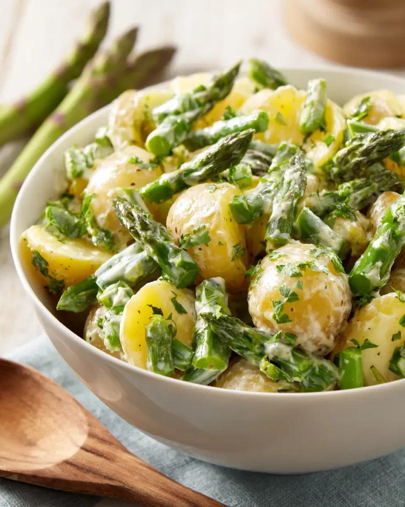 asparagus potato salad with creamy dressing and fresh herbs