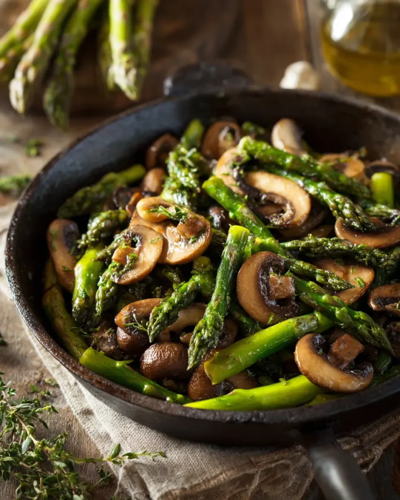 asparagus with mushrooms sautéed in skillet with garlic