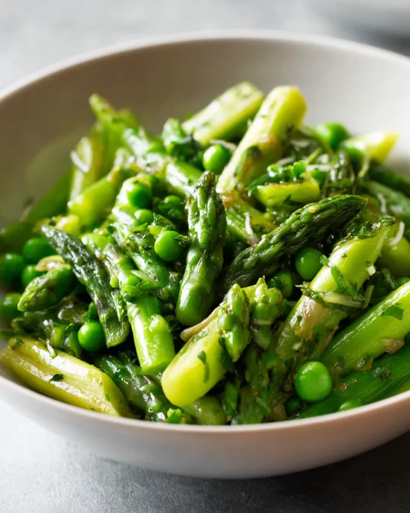 asparagus with peas sautéed in skillet with fresh herbs