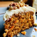 best carrot cake recipe moist slice with cream cheese frosting on a plate
