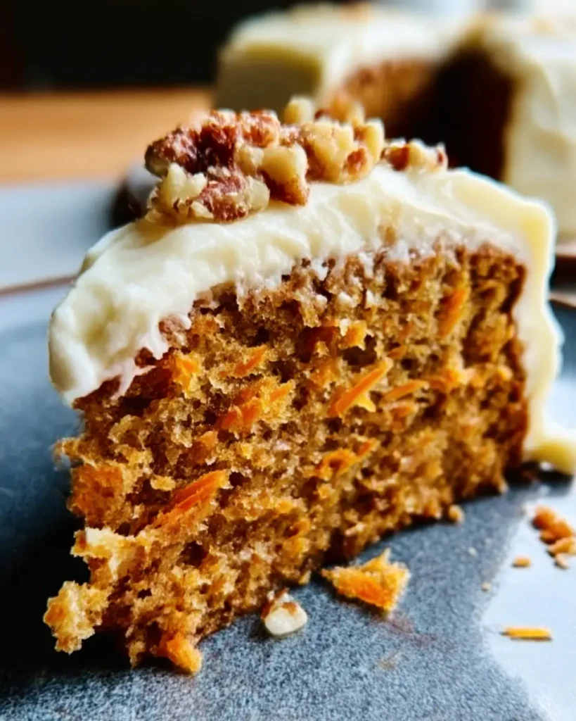 best carrot cake recipe moist slice with cream cheese frosting on a plate