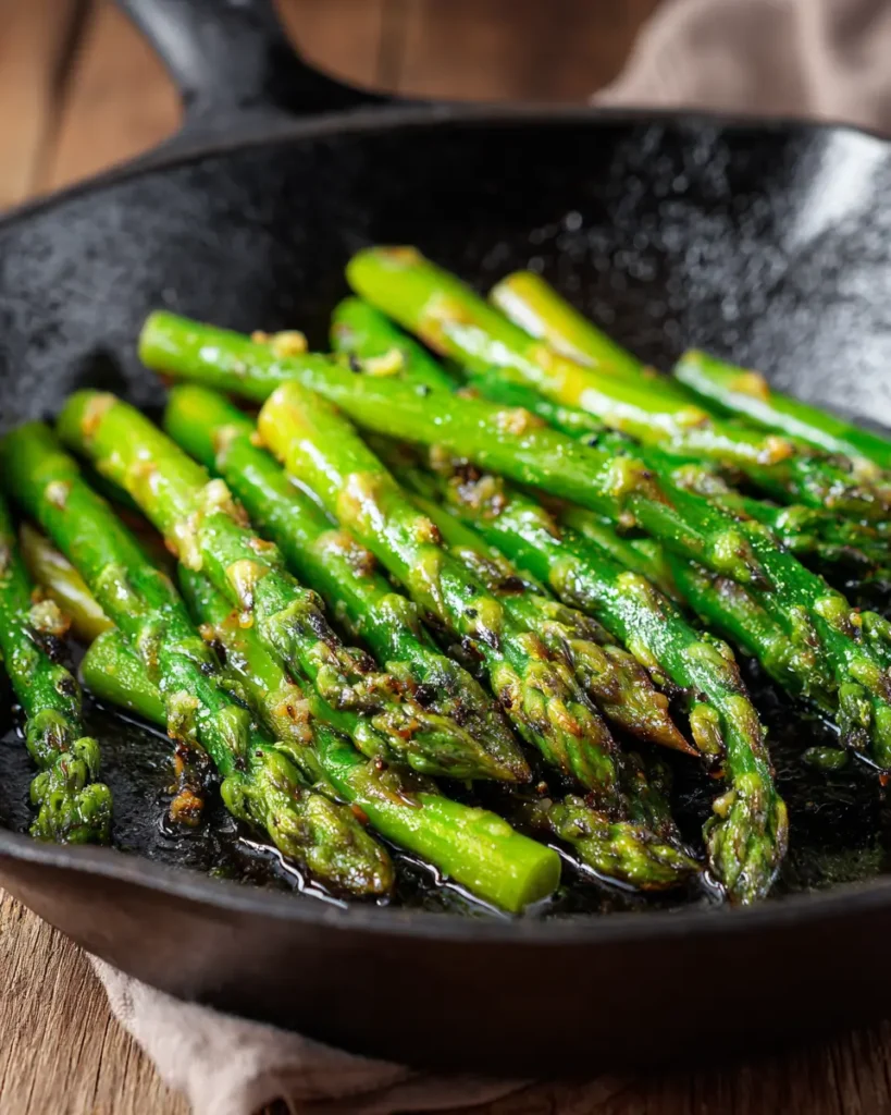 blistered asparagus with crispy charred edges in skillet