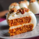 carrot cake desserts with cream cheese frosting and walnut topping on a plate