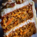 Slice of carrot cake recipe with cream cheese frosting on a dessert plate