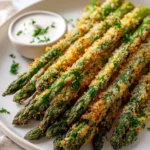 Crispy asparagus recipe with golden breadcrumb coating and dipping sauce