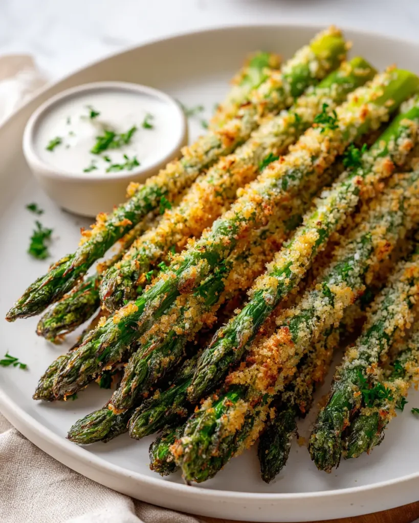 Crispy asparagus recipe with golden breadcrumb coating and dipping sauce