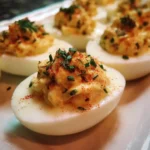 Classic deviled eggs recipe with creamy filling, paprika, and chopped herbs on a white platter