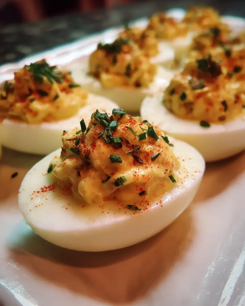 Classic deviled eggs recipe with creamy filling, paprika, and chopped herbs on a white platter