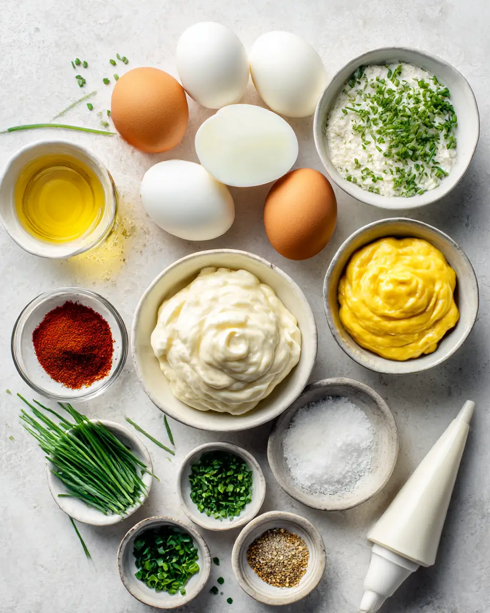 Ingredients for a classic deviled eggs recipe arranged on a light surface
