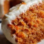 Close-up slice of easy carrot cake with cream cheese frosting
