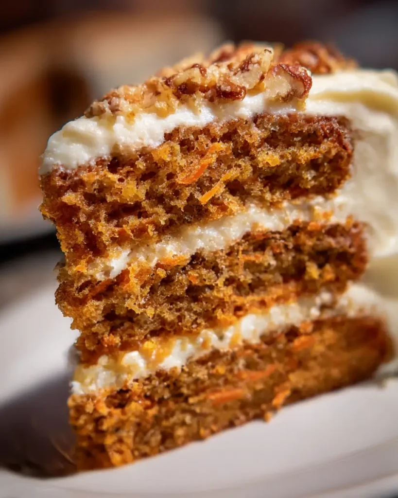easy carrot cake recipe simple slice with cream cheese frosting and chopped walnuts