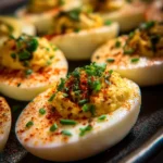 Fancy deviled eggs with creamy piped filling, paprika, and fresh herbs on a dark serving tray