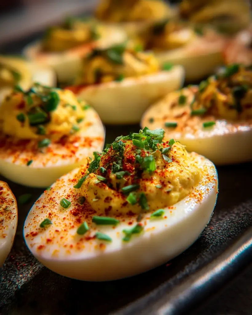 Fancy deviled eggs with creamy piped filling, paprika, and fresh herbs on a dark serving tray
