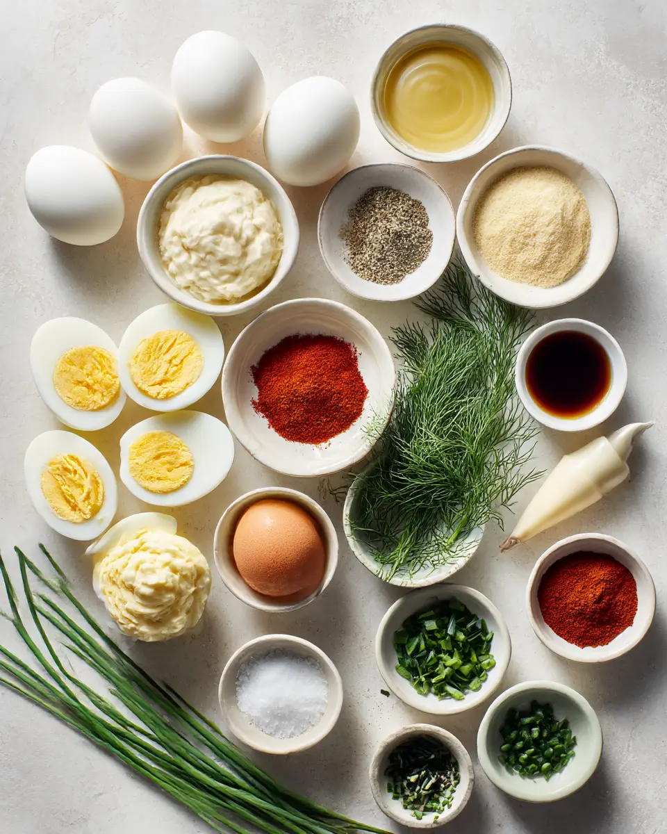 Fancy deviled eggs with creamy piped filling, paprika, and fresh herbs on a dark serving tray