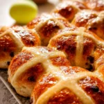 fluffy hot cross buns with glossy tops and white crosses on a tray