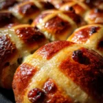 close-up of glossy hot cross buns fresh from the oven