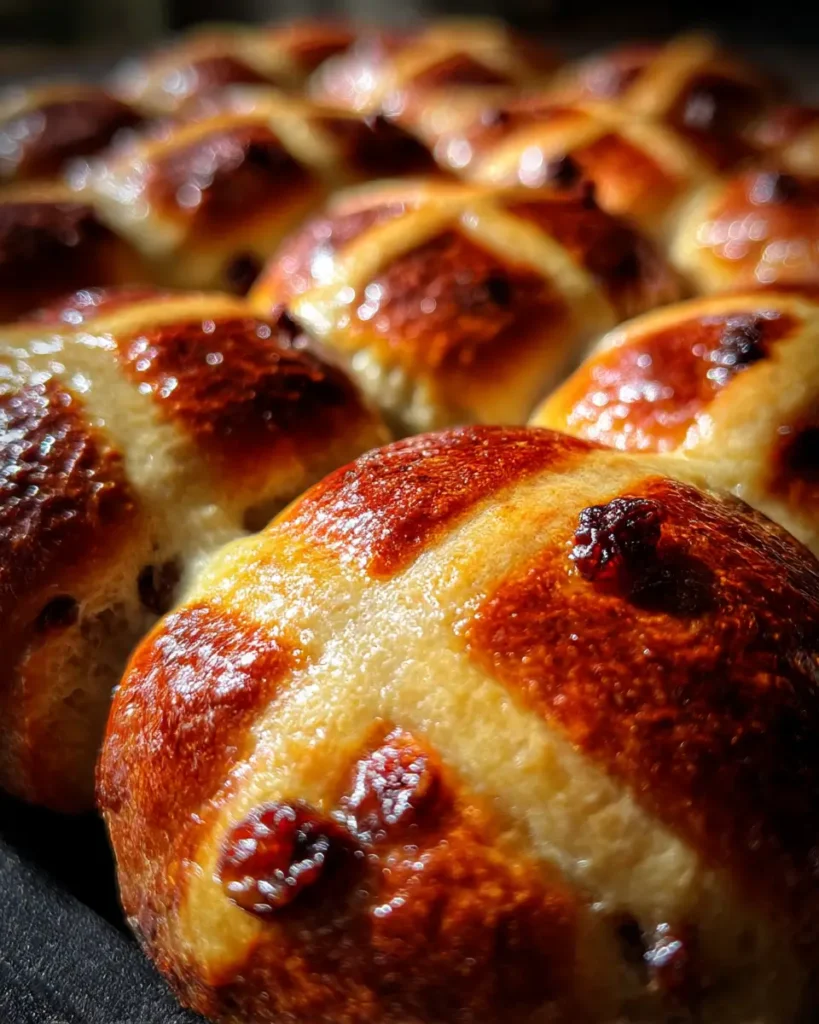 close-up of glossy hot cross buns fresh from the oven