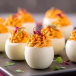 Unique deviled eggs recipe with creamy orange filling, smoked paprika, and microgreens on a serving tray