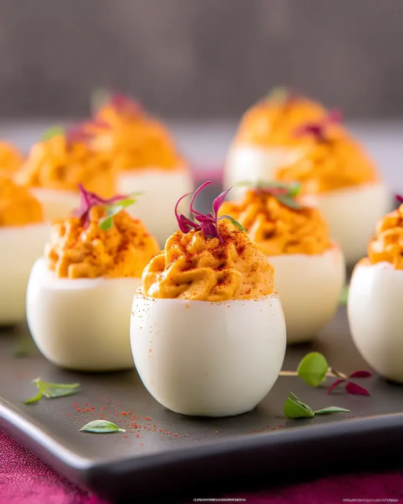 Unique deviled eggs recipe with creamy orange filling, smoked paprika, and microgreens on a serving tray