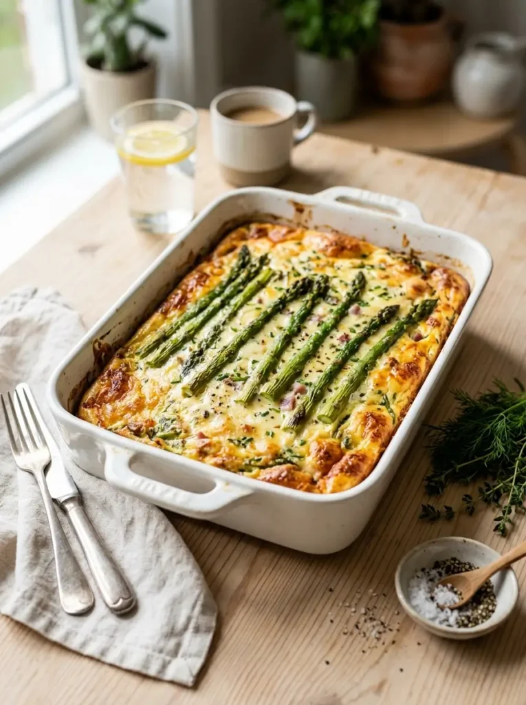 asparagus brunch recipe with eggs and cheese baked in a golden crust