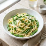 asparagus pea pasta with creamy sauce and fresh herbs in a bowl