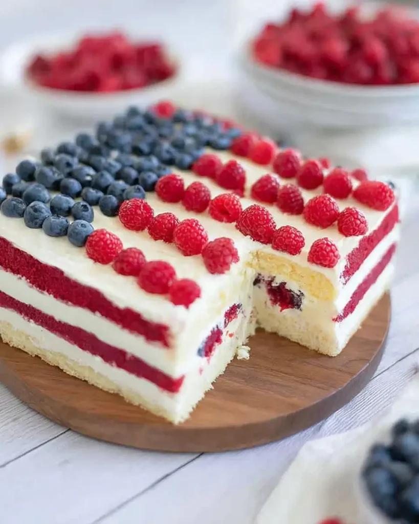 American Flag Cake decorated with blueberries, raspberries, and layered red velvet filling for a patriotic summer dessert