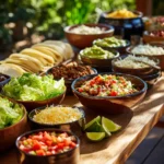 backyard taco bar with tortillas, fresh toppings, and colorful ingredients