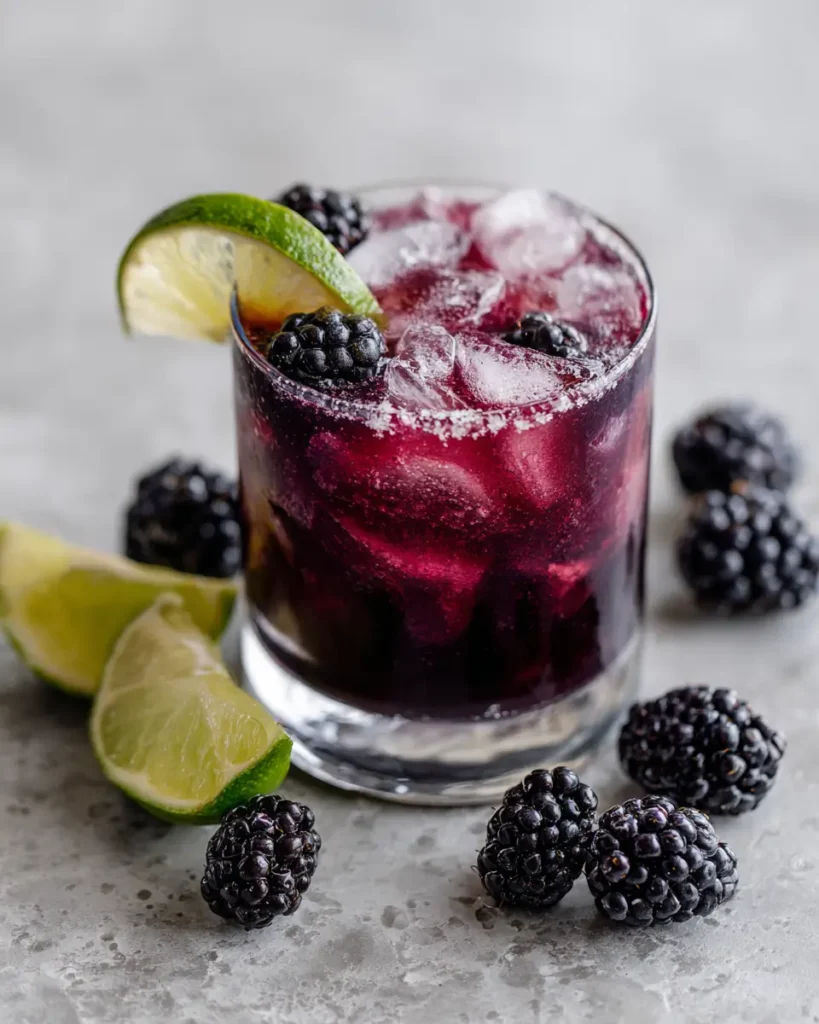 blackberry margarita with fresh berries lime and ice in a glass