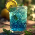 blue drink mocktail in a clear glass with ice lemon slice and bubbles