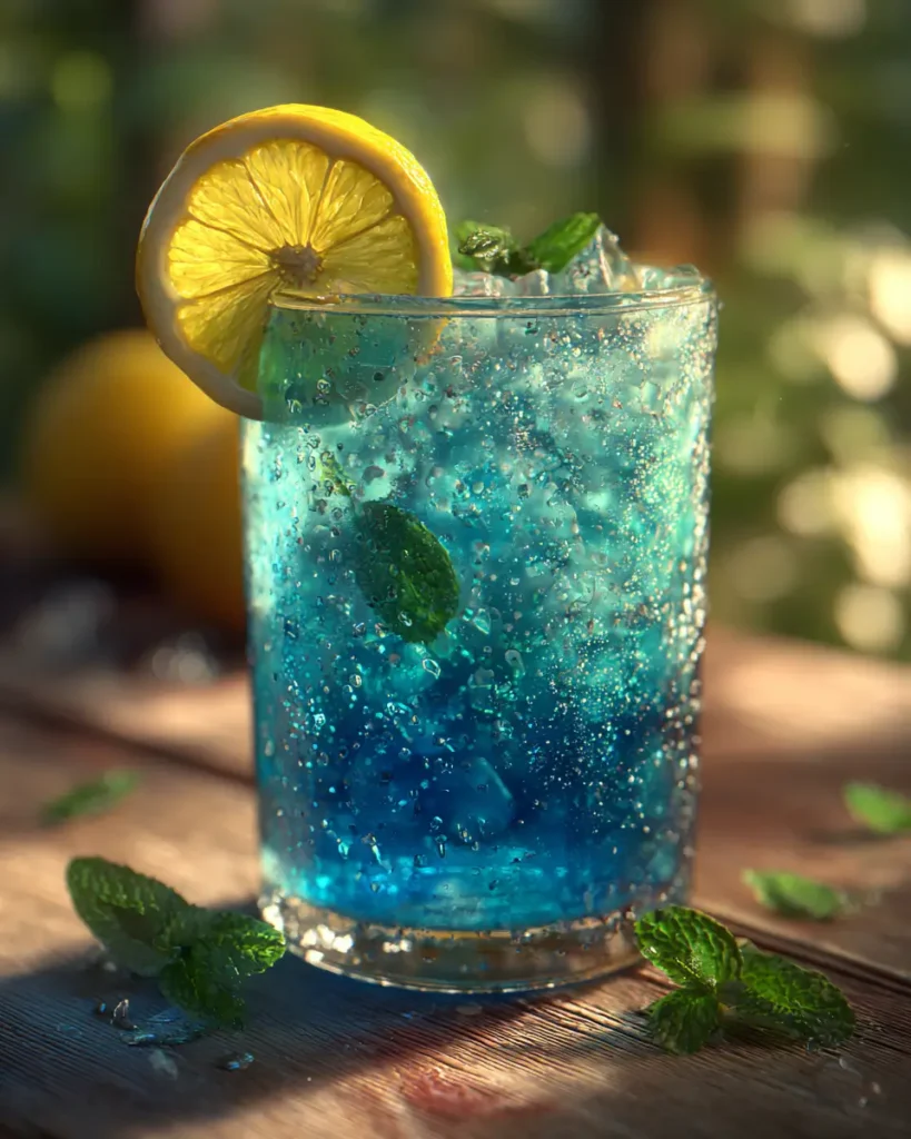blue drink mocktail in a clear glass with ice lemon slice and bubbles