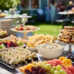 cheap graduation party food ideas buffet table with sandwiches pasta salad and snacks