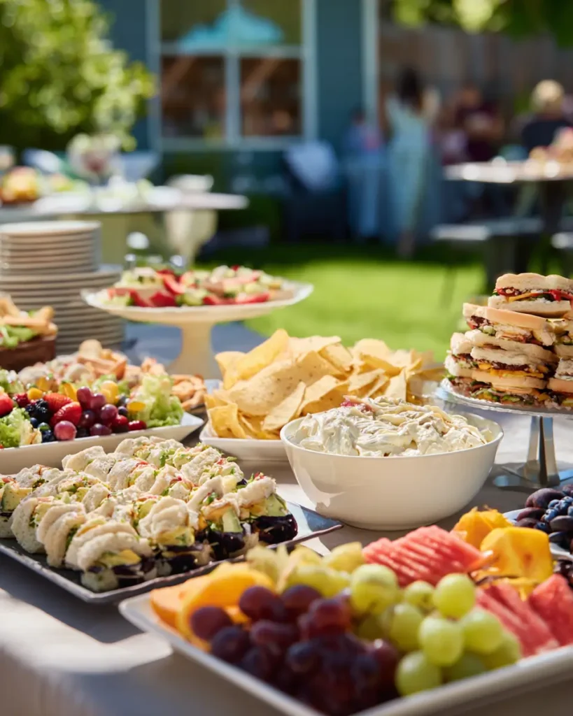cheap graduation party food ideas buffet table with sandwiches pasta salad and snacks