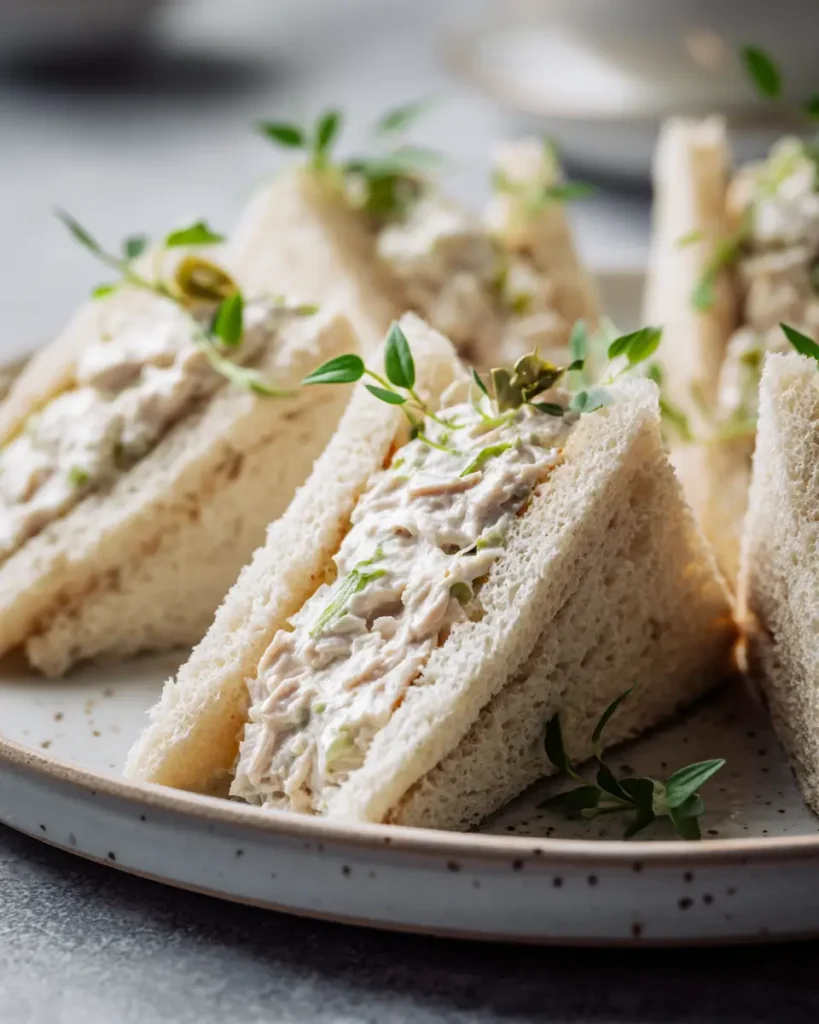 chicken salad tea sandwiches cut into triangles on a serving tray