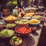 cinco de mayo taco bar with tortillas toppings and colorful party setup